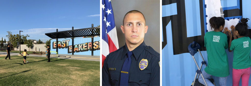 From left to right: Children playing in the park, Officer David Nelson, Young artists painting the East Bakersfield Mural